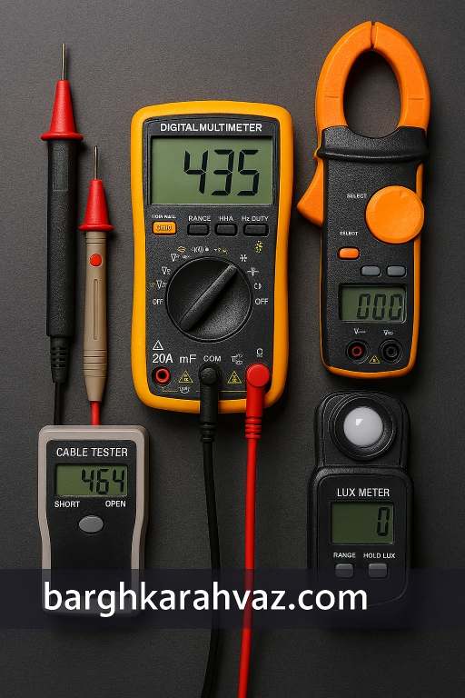 انواع ابزارهای اندازه‌گیری و تست برق شامل مولتی‌متر، انبر آمپرمتر، تستر کابل و لوازم جانبی